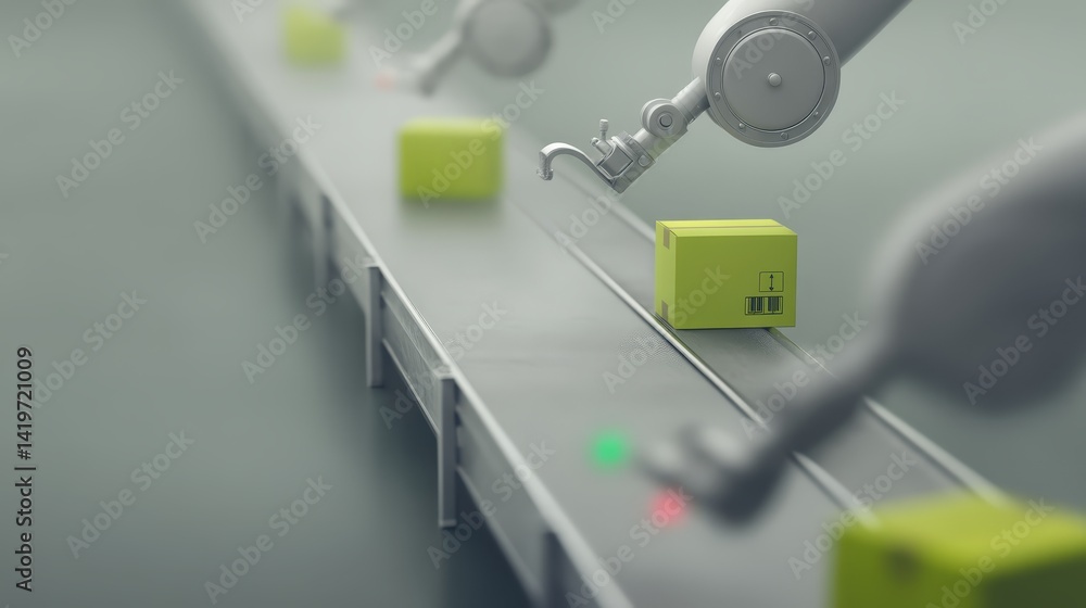Poster automated robotics system, robot efficiently moving box on conveyor belt in modern factory