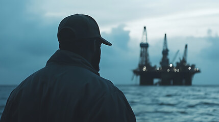A male offshore worker overseeing maintenance tasks on the rig. Featuring leadership and technical proficiency
