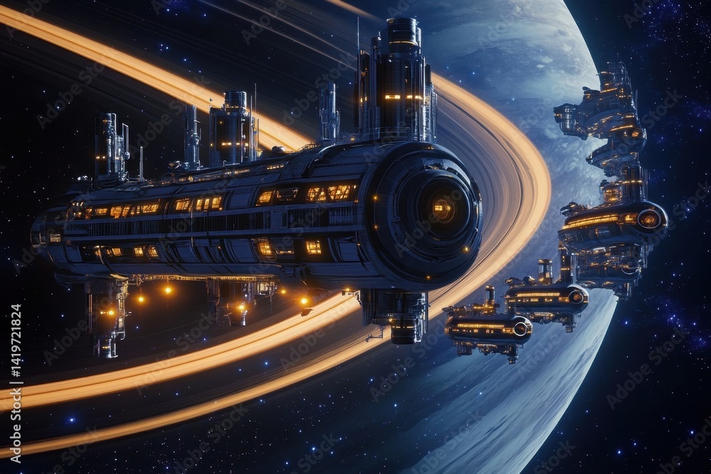 Poster spaceships exploring a distant planet with stunning rings in a vast nebula