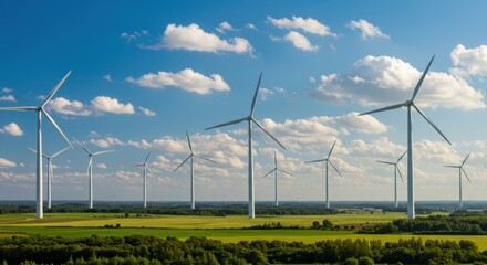 Wind Turbines in a Green Field Under a Blue Sky