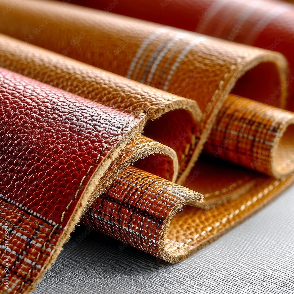 Poster Abstract Close-Up of Rolled Textured Material with Plaid and Reptilian Pattern in Shades of Red and Brown