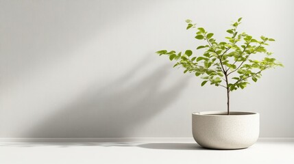 Small Tree in Pot Minimalist style, High-quality soft lighting, Centered full view, Textured concrete pot, Peaceful serenity, White wall backdrop, Soft green hues, Ideal for home decor ads
