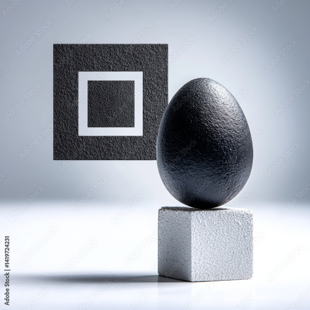 Aufkleber Abstract Still Life: A Black Textured Egg on a Concrete Cube with a Floating Square Frame