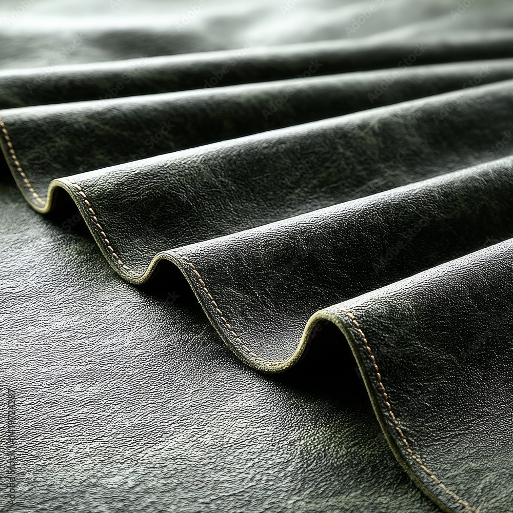 Poster abstract waves of textured green leather with stitching, close-up perspective for detailed texture a