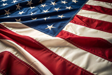 A detailed close-up view of the American flag, with its iconic red, white, and blue colors and stitched stripes.
