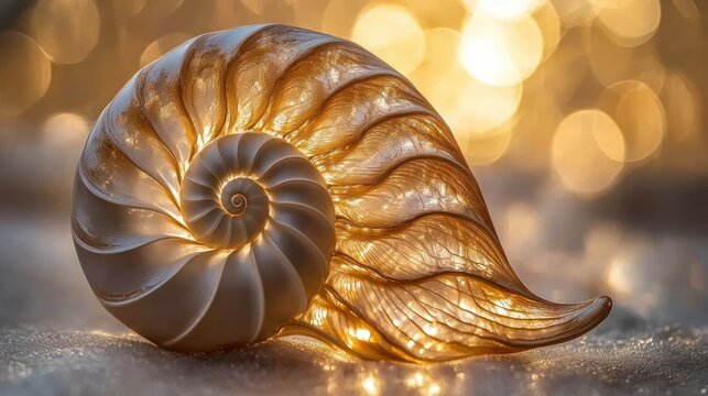 Exquisite nautilus shell, illuminated by warm light, showcasing intricate spiral patterns