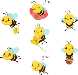 Set of cute bee cartoon with different expression and pose