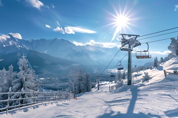 Snowy Mountain Ski Resort Landscape with Blue Sky Sun and Chairlift View