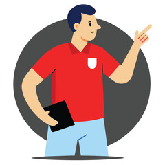 A standing cartoon illustration depicts a smiling guy in a suit with a baseball bat