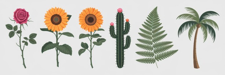 Fototapeta premium Colorful botanical illustration of various plants