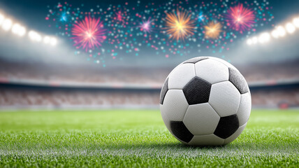 Fototapeta premium Football on a brightly lit stadium with fireworks and falling confetti. Festive atmosphere of victory and football triumph during a major tournament.
