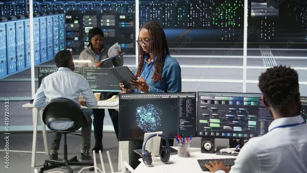 Poster woman in server hub using ai visualization insights on tablet device to optimize system health. data