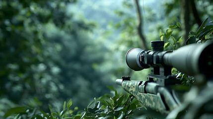Sniper Rifle Aimed In Lush Forest