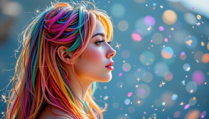 Fototapeta premium A profile featuring cascading rainbow colors and sparkles, representing free spiritedness.