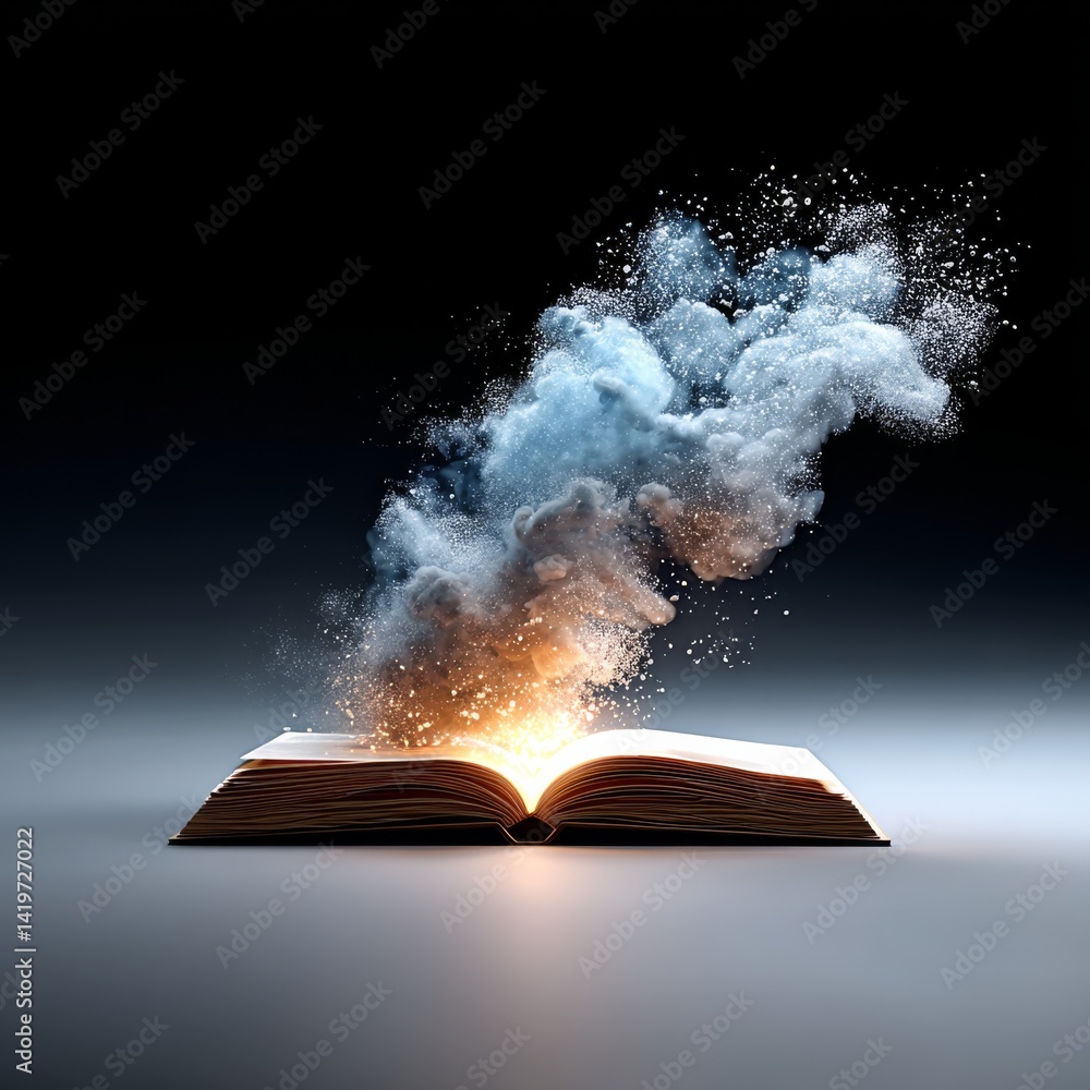 Poster enchanting tale: an open book radiates mystical light and sparkling energy, bringing story to life w