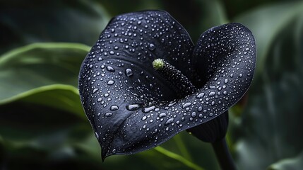 Close-up of a dark, water-covered calla lily.