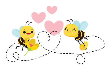 Cute bees loving and flying, illustration for Valentine's Day and children's collection