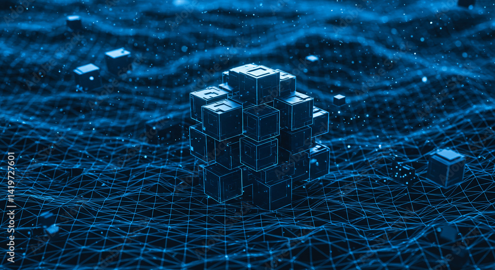 Aufkleber a complex arrangement of blue cubes floating above a blue wireframe grid with particles around them