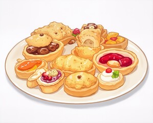 A cute anime-style illustration of a plate of English snacks, featuring a variety of small, colorful dishes arranged neatly. The snacks could include items like scones (some with jam and cream), sausa