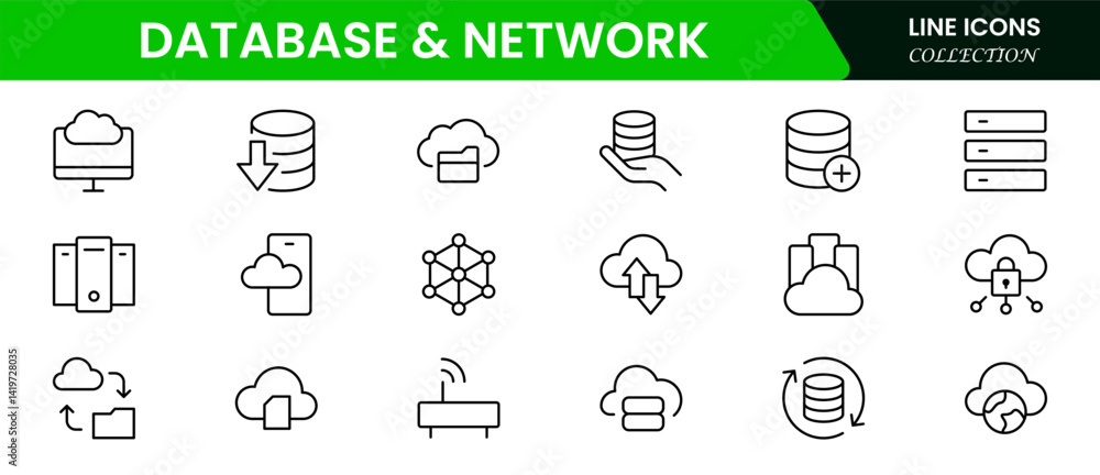 Poster data network icon set. data cloud analysis technology symbol. containing database, statistics, and a