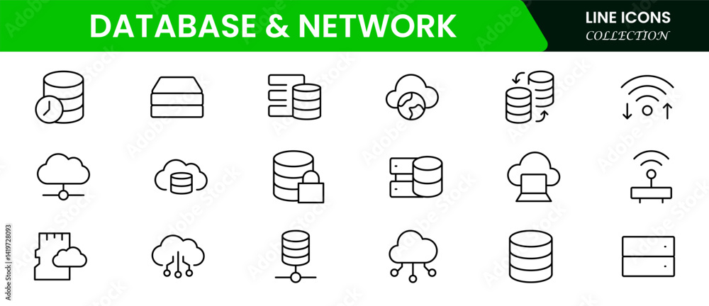Poster data network icon set. data cloud analysis technology symbol. containing database, statistics, and a