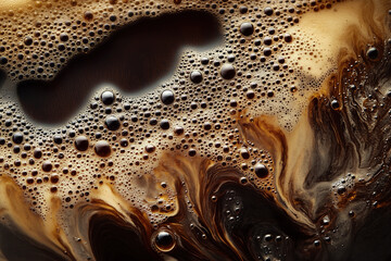 dark espresso with a thick golden crema, tiny bubbles forming delicate swirls on the surface, a macro and full-frame texture shot, close-up texture, top view