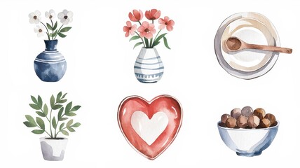 Watercolor illustrations of floral arrangements, vases, and tableware.