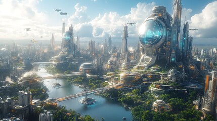 Fototapeta premium Futuristic skyline dreamscape awakens photo
