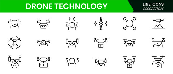 Drone Technology vector line icon set. Contains linear outline icons like Quadrocopter, Propeller, Remote Control, Radar, Camera, Battery, Delivery, Copter.