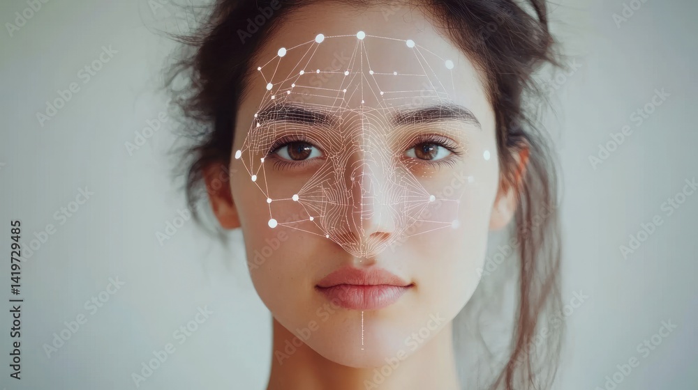 Poster facial recognition technology. a woman's face with a digital overlay showing biometric data points