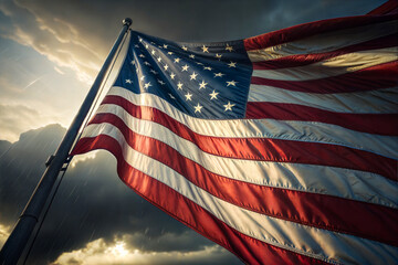 Majestic American Flag Waving Proudly Against Dramatic Sky