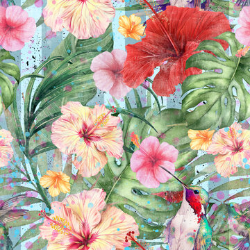 Seamless pattern with hibiscus flowers and tropical leaves