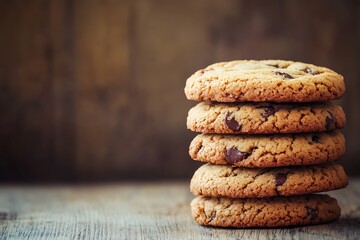 Stack Of Freshly Baked Chocolate Chip Cookies On Wooden Surface
