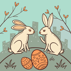 A charming illustration of two rabbits sitting atop a grassy knoll, against a backdrop of a stylized city skyline.