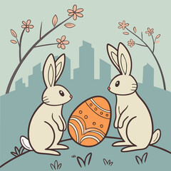 A charming illustration of two rabbits sitting atop a grassy knoll, against a backdrop of a stylized city skyline.