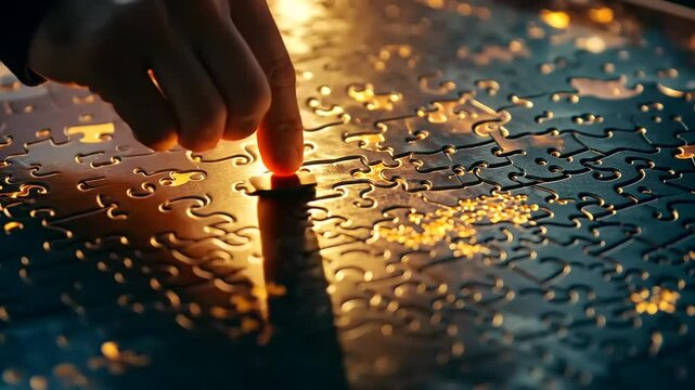 Close-up of a partially completed jigsaw puzzle with glimmering pieces illuminated by soft light