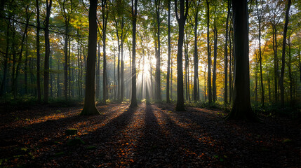 Naklejka premium Autumn Forest Sunlight Path