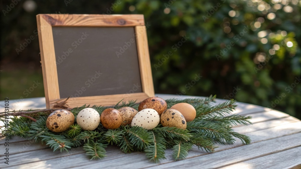 Poster a rustic wooden frame sits on a table adorned with decorative eggs and evergreen sprigs, creating a 