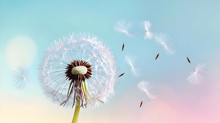 Delicate Dandelion Seeds Floating In Pastel Sky