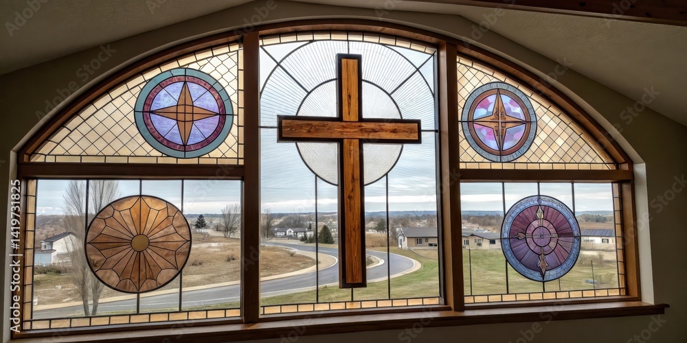 Poster a beautifully designed stained glass window featuring a central cross and colorful circular patterns