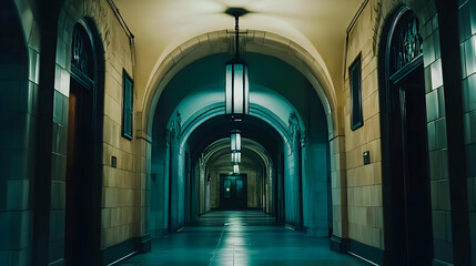Long Empty Hallway With Archways And Lighting