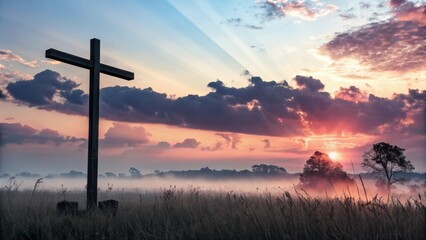 A serene landscape featuring a cross silhouetted against a vibrant sunrise, with misty fields and dramatic sky colors.