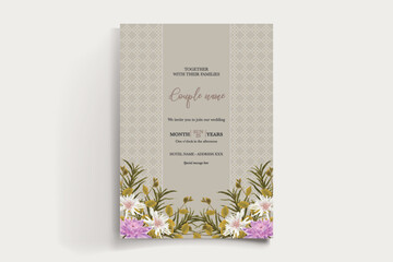 WEDDING INVITATION FRAME WITH FLOWER DECORATIONS AND FRESH LEAVES