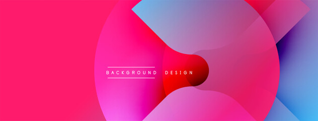 Abstract vibrant overlapping circles. Pink, red, blue gradients create modern visual effect. Minimalist design suitable for backgrounds.