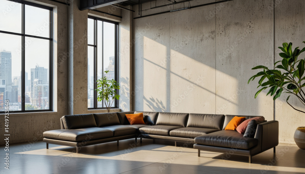 Poster modern interior design architecture photography: sunlight streams through large windows into a moder