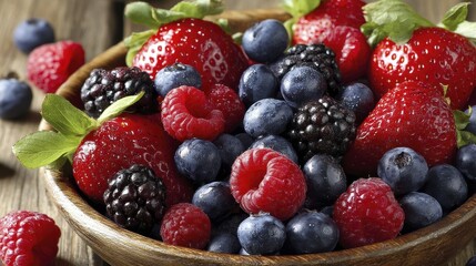 Obraz premium A vibrant mix of strawberries, blueberries, raspberries and blackberries, piled high in a rustic wooden bowl - colorful purple nature