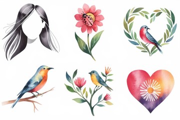 Watercolor floral and avian illustration set.