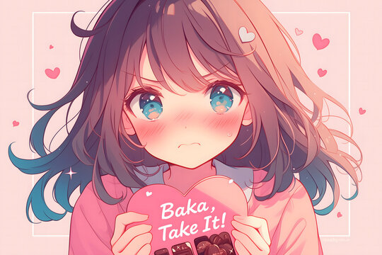 "Baka! Take It!" - Anime Girl with Brown Hair Offering Chocolates Greeting Card Illustration