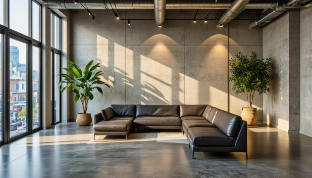 Modern interior design architecture photography: Sunlight streams through large windows into a modern, industrial-style loft featuring a sectional sofa and potted plants.