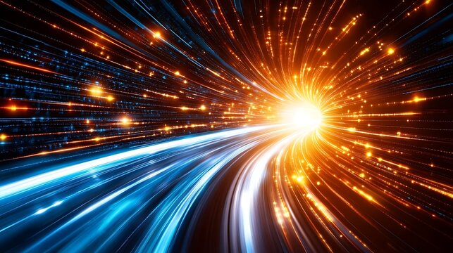 Vibrant abstract tunnel of light with dynamic streaks of blue and orange, evoking motion and energy